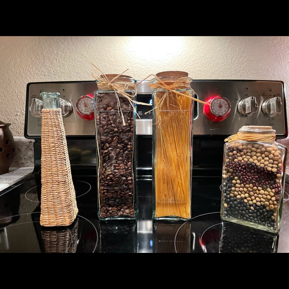 Coffee Pasta Beans thick glass canisters olive oil vintage farmhouse rustic rare